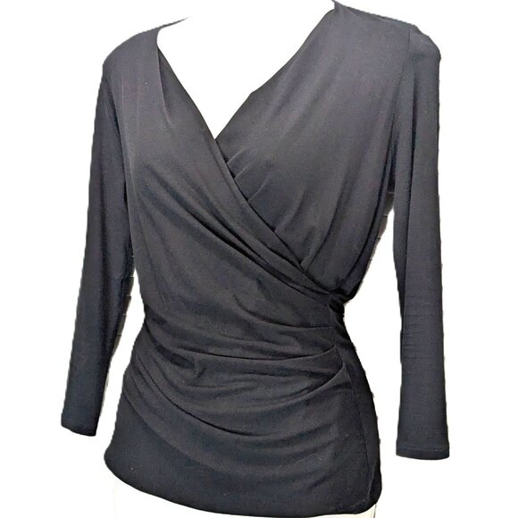 Max Mara Black Leisure Renoir Ruched Knit Top Blouse Faux Wrap Small Long Sleeve - Picture 1 of 16
